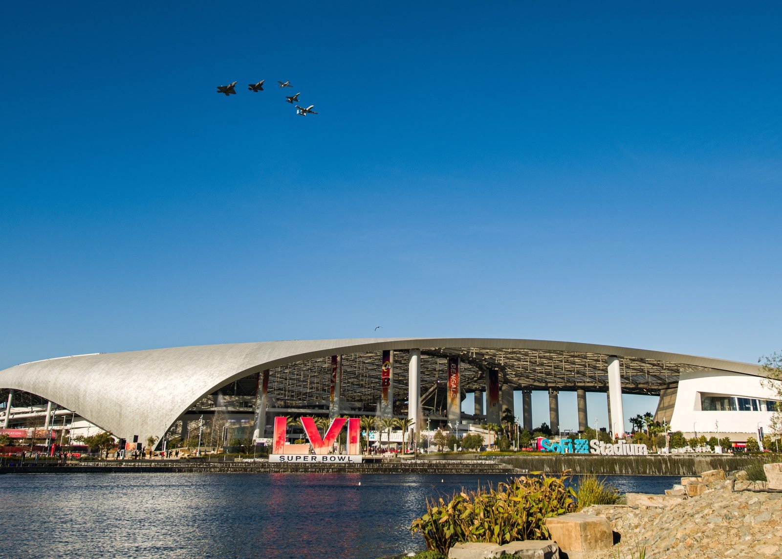 SoFi Stadium in Inglewood during Super Bowl LVI, with the flyover passing overhead