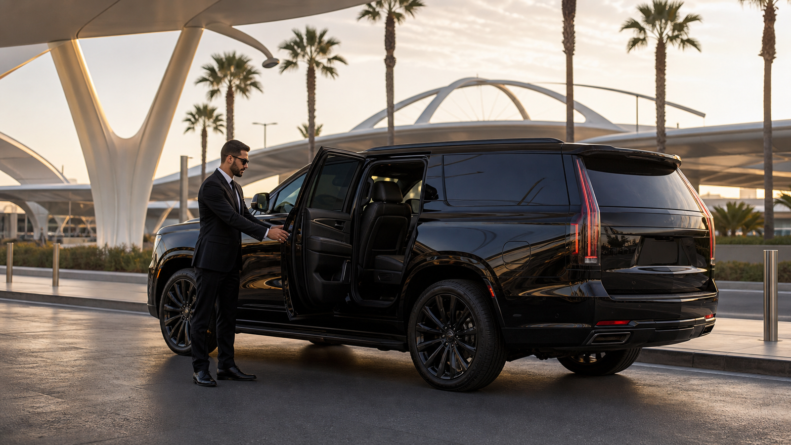 Lux4Rides chauffeur and luxury SUV at LAX airport ready for a World Cup 2026 transfer to SoFi Stadium in Inglewood