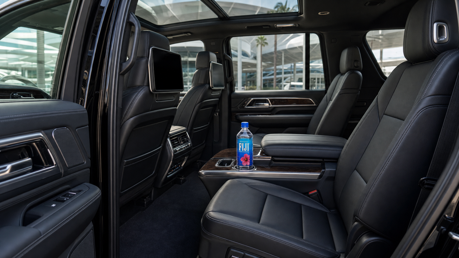 World Cup 2026 VIP chauffeur and hospitality transportation Los Angeles — Cadillac Escalade luxury interior with bottled water by Lux4Rides