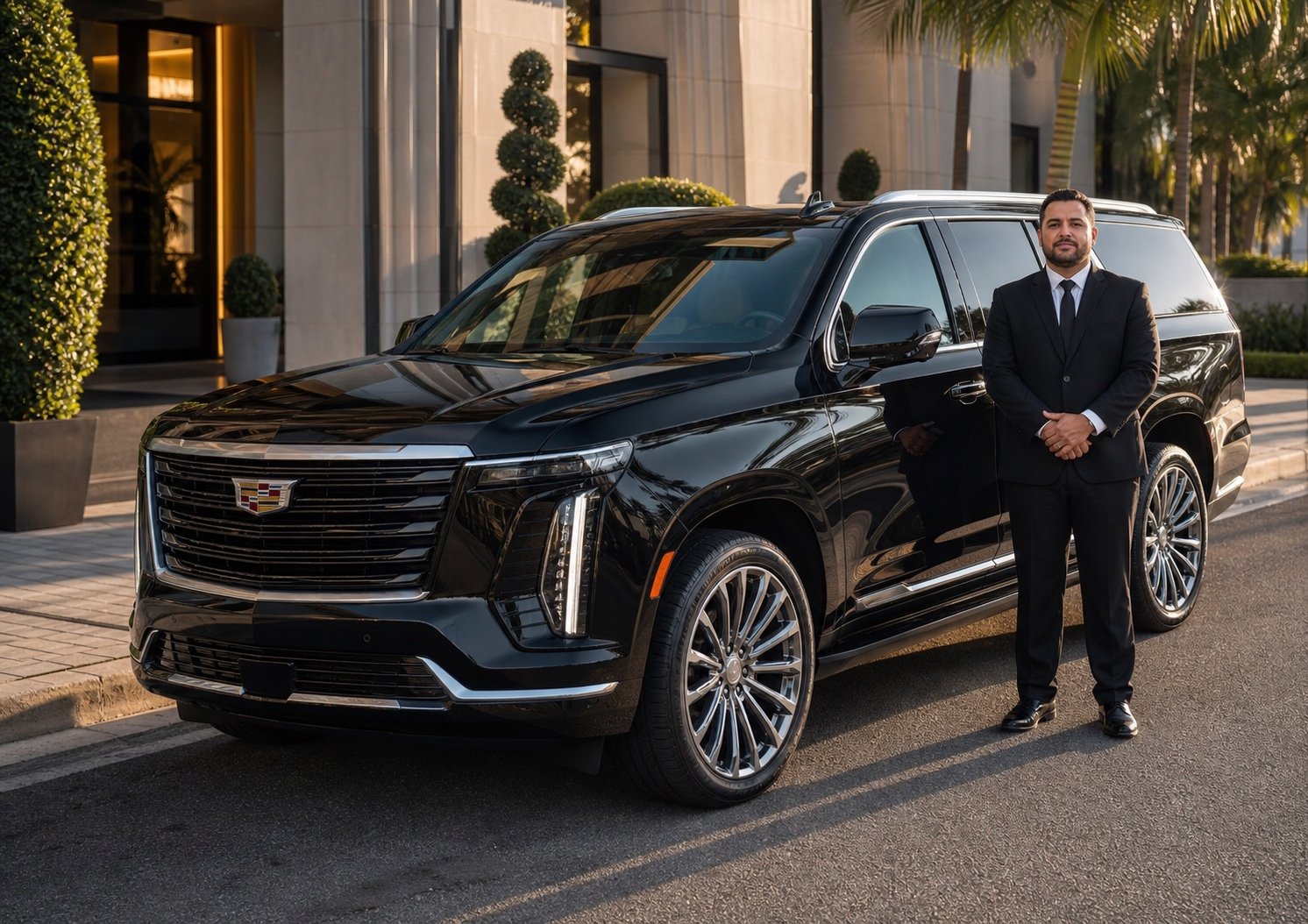 Lux4Rides chauffeur with a black Chevrolet Suburban for a corporate LAX travel program