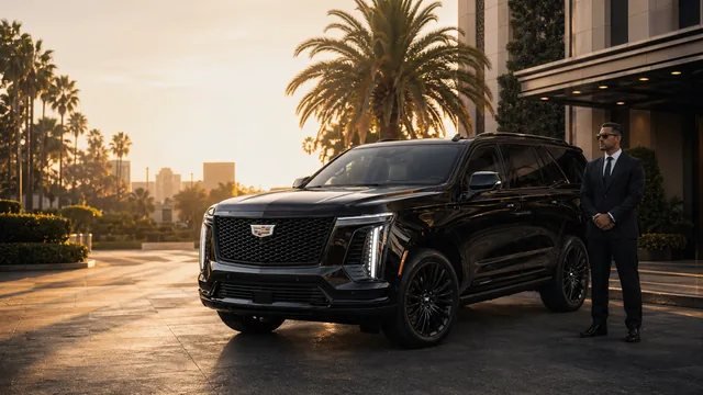 A Lux4Rides chauffeur in a black suit beside a black Cadillac Escalade