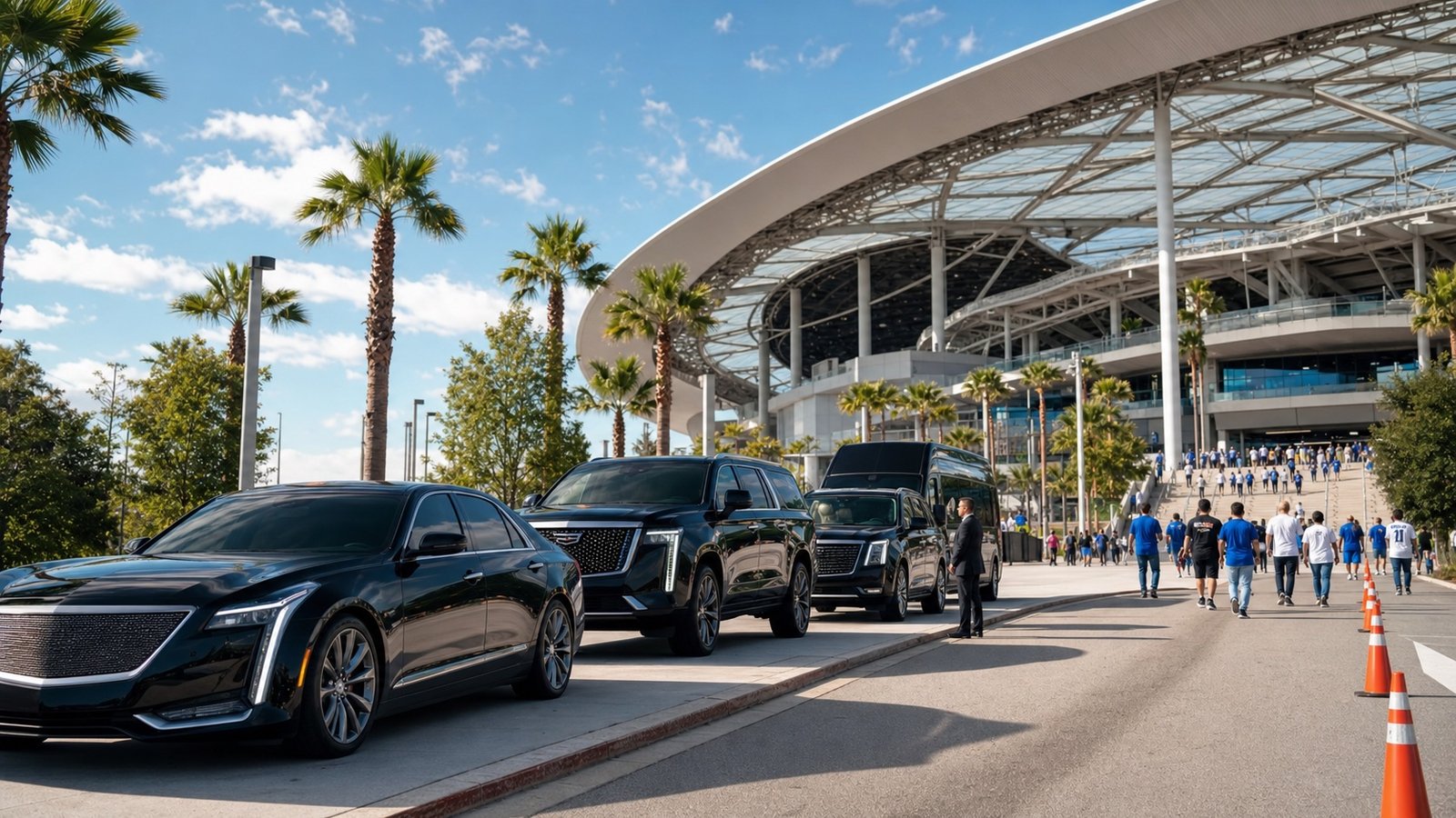 Luxury sedans SUVs and Sprinter van staged outside Los Angeles Stadium for World Cup matches