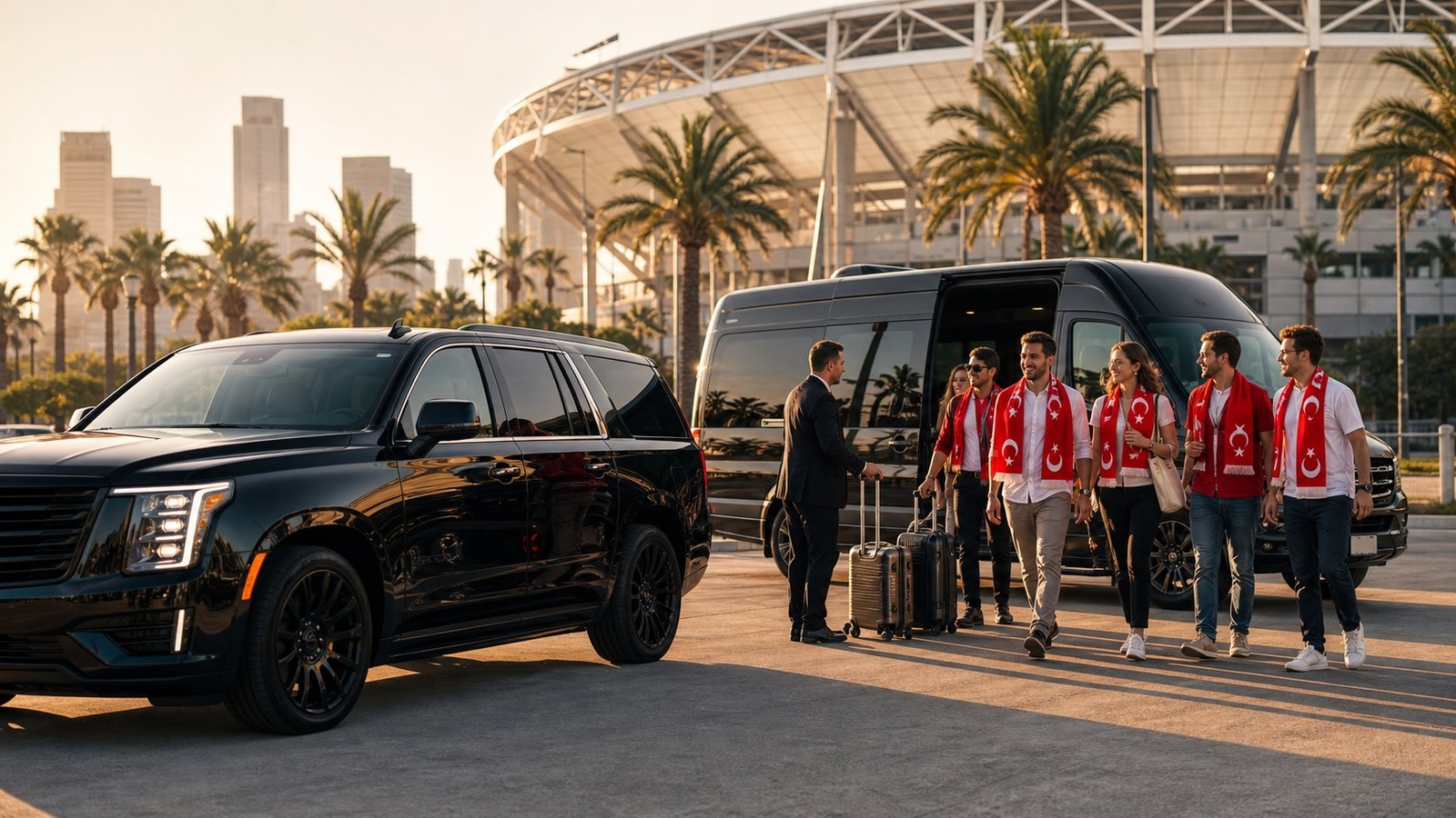 Turkish World Cup supporters using Lux4Rides SUVs and Sprinter van near Los Angeles Stadium