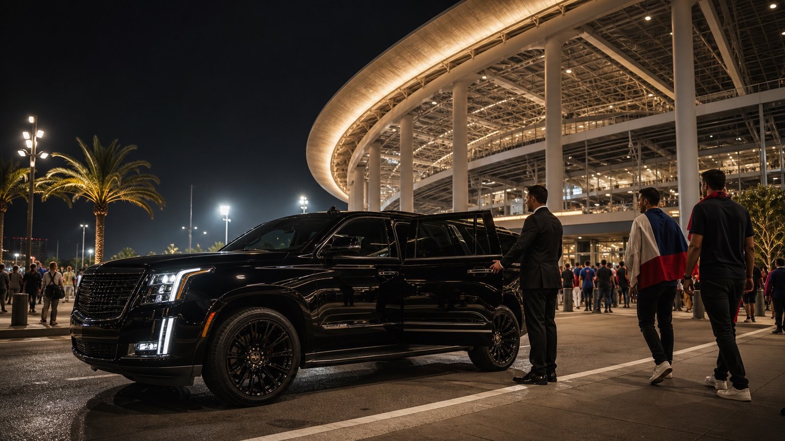Luxury black SUV with chauffeur outside Los Angeles Stadium for World Cup transportation