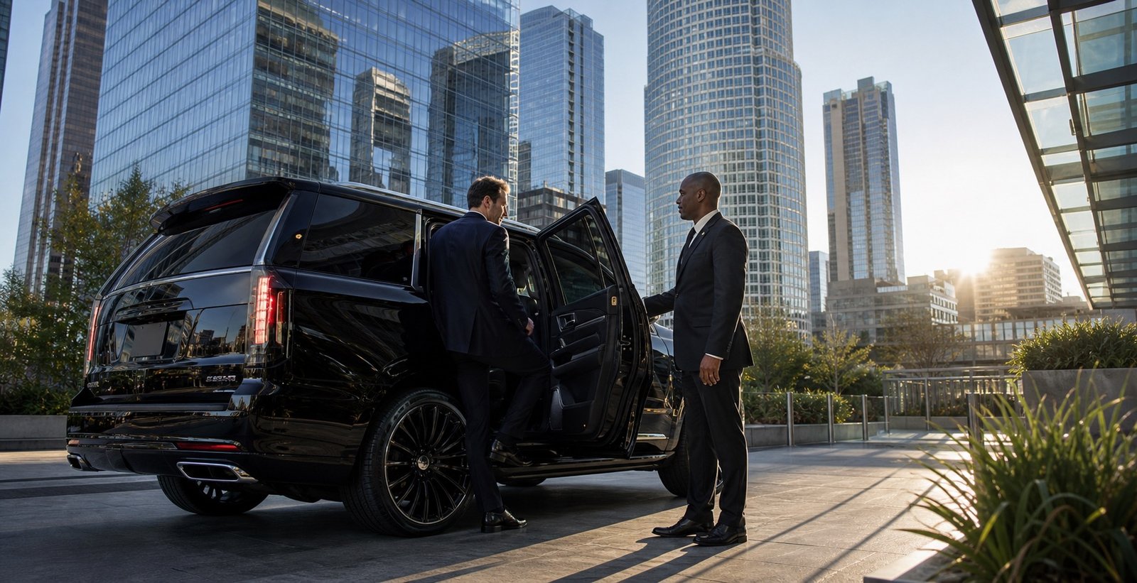 Chauffeur receiving an executive beside a black SUV outside a downtown Los Angeles office tower