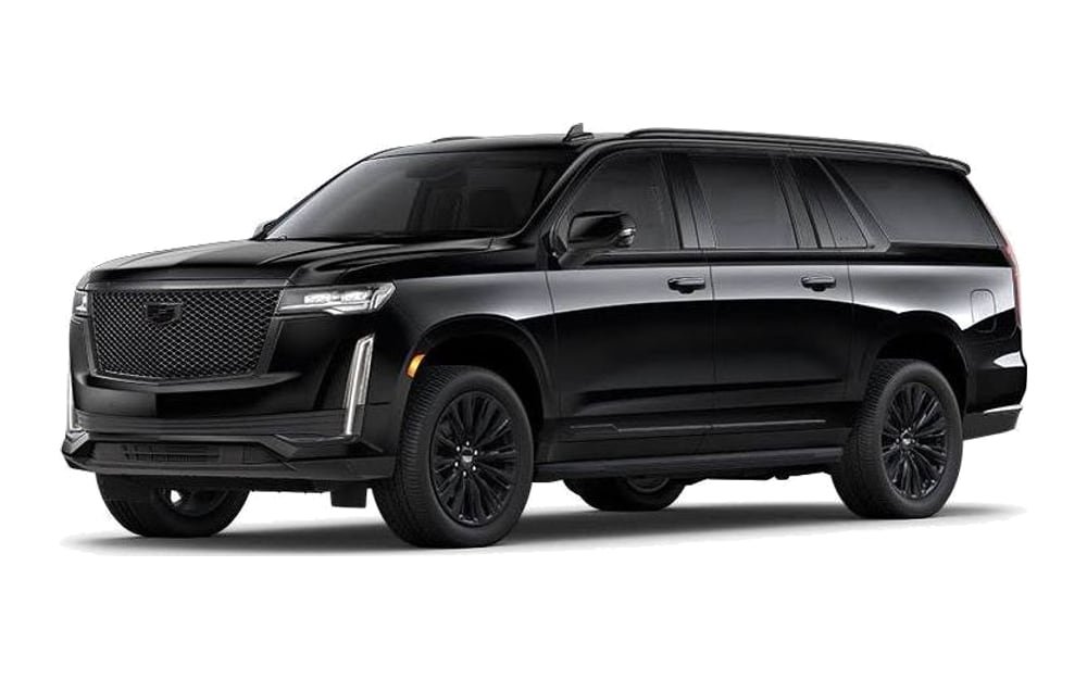 Black Cadillac Escalade ESV premium SUV, shown complete in three-quarter view