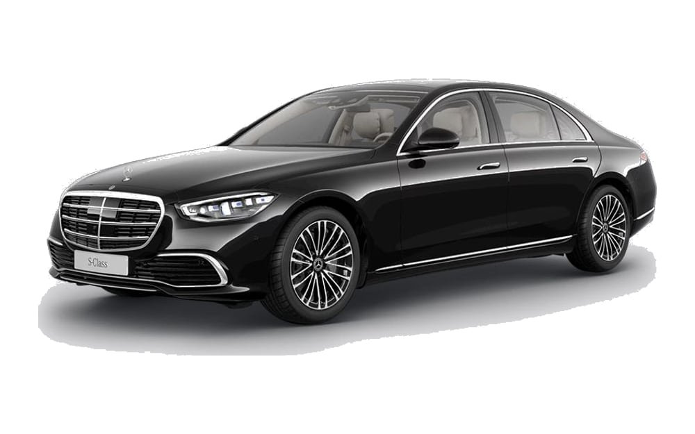 Black Mercedes-Benz S-Class luxury sedan, shown complete in side profile