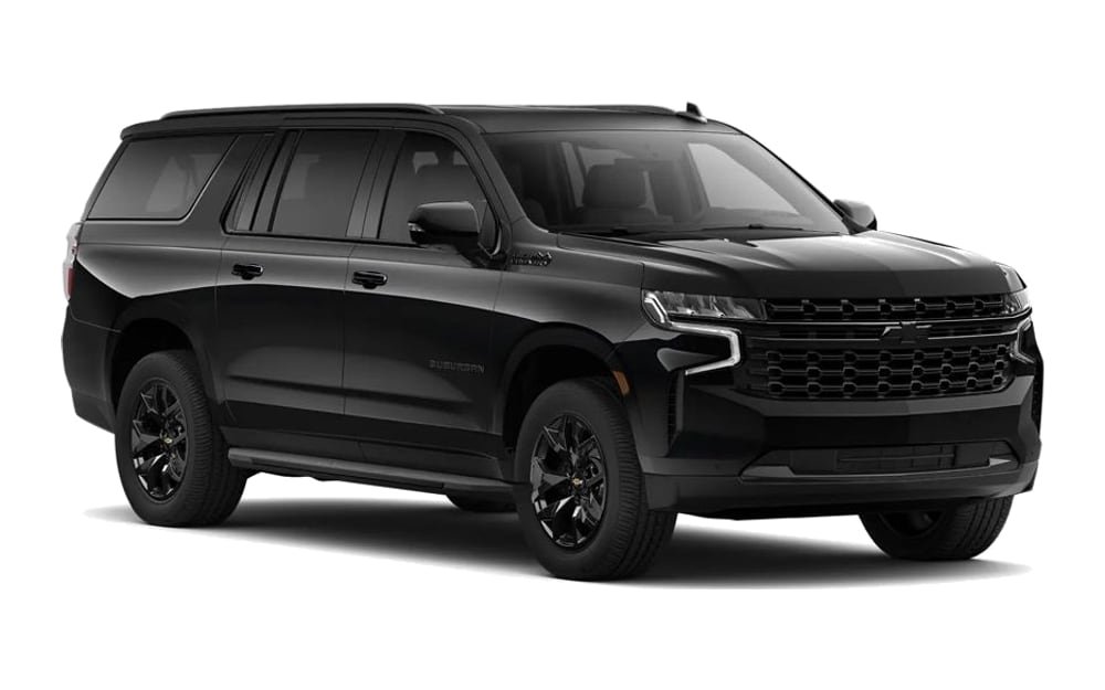 Black Chevrolet Suburban full-size SUV, shown complete in three-quarter view