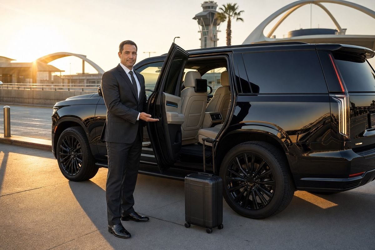 Chauffeur presenting the open rear door of a black Cadillac Escalade at LAX at sunset, a carry-on case beside the vehicle
