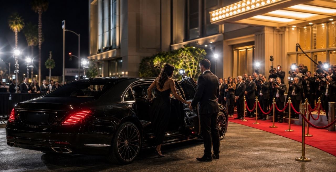 Chauffeur holding the rear door of a black Mercedes-Benz S-Class as a guest steps onto the red carpet outside a Los Angeles theatre on an award-season evening, photographers and velvet rope behind