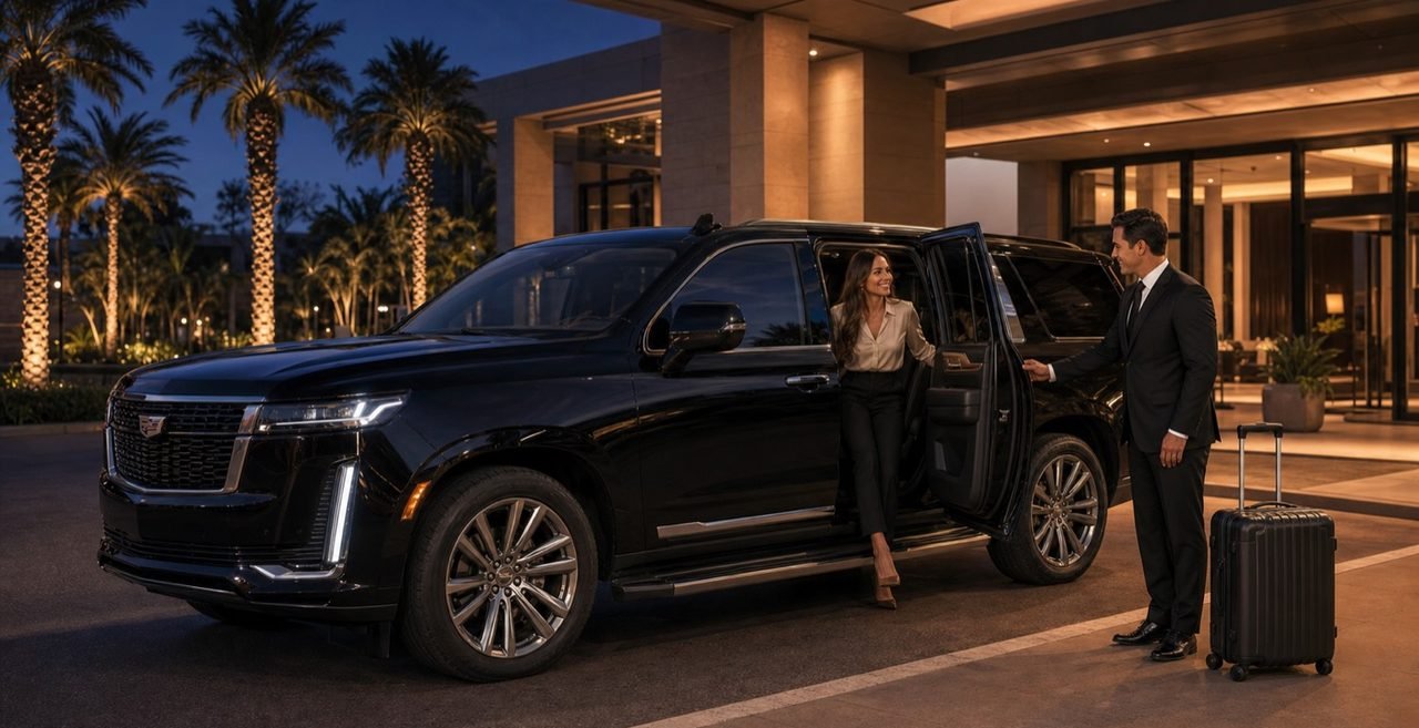 Chauffeur holding the rear door of a black Cadillac Escalade as a guest steps out beneath the lit entrance canopy of a Los Angeles hotel at dusk, palm trees behind