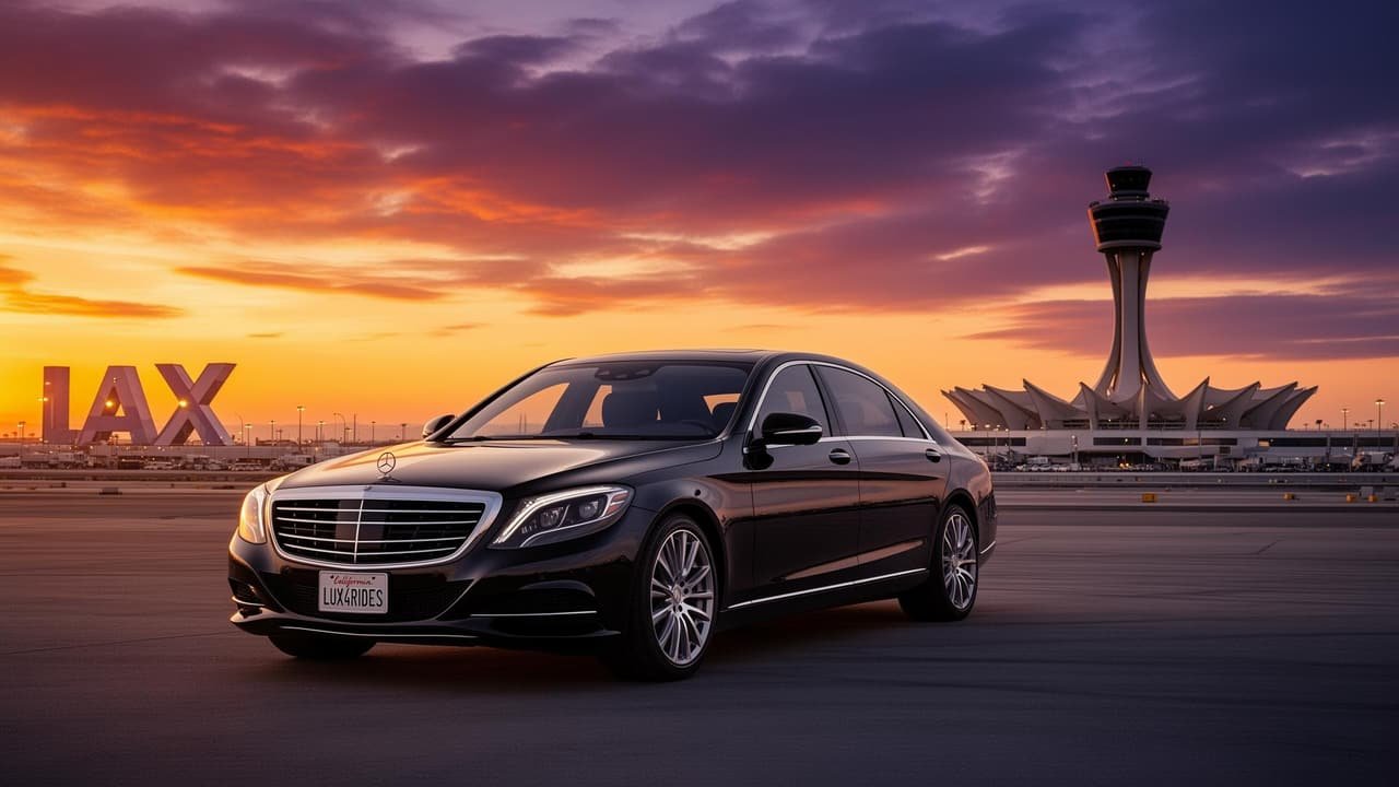Black Mercedes-Benz S-Class sedan waiting on the airport apron at sunset, with the Los Angeles International Airport control tower and terminal building behind it
