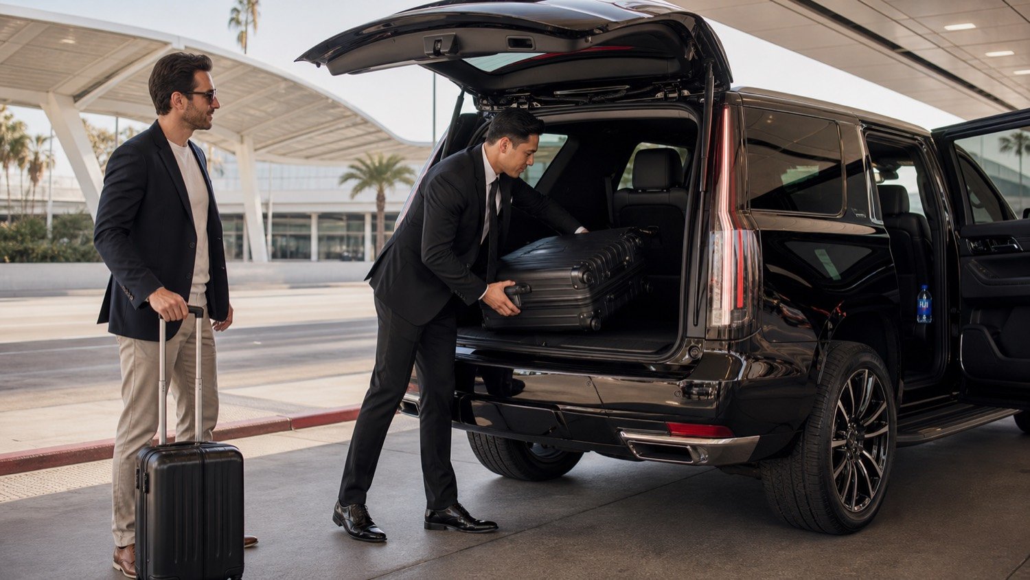 Chauffeur loading a suitcase into a black Cadillac Escalade at an airport curbside