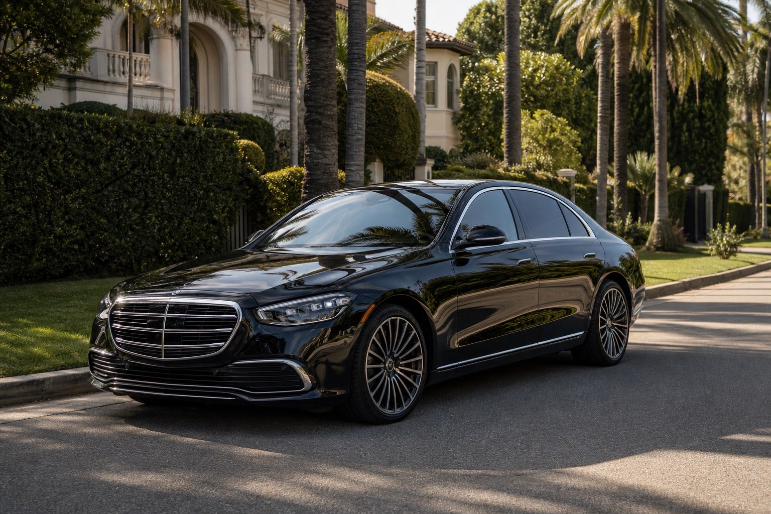 Black Mercedes-Benz S-Class parked on a palm-lined Beverly Hills residential street