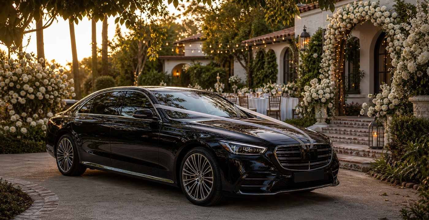 Black Mercedes sedan with a white ribbon outside a Los Angeles wedding venue at dusk