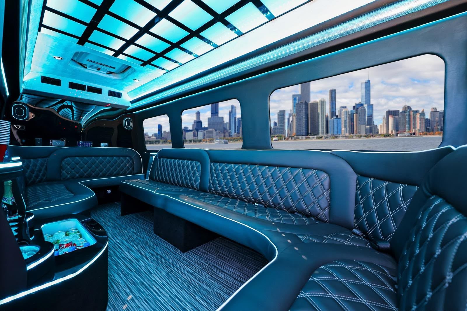 Limo 3 Mercedes Sprinter, Los Angeles — interior teal skyline