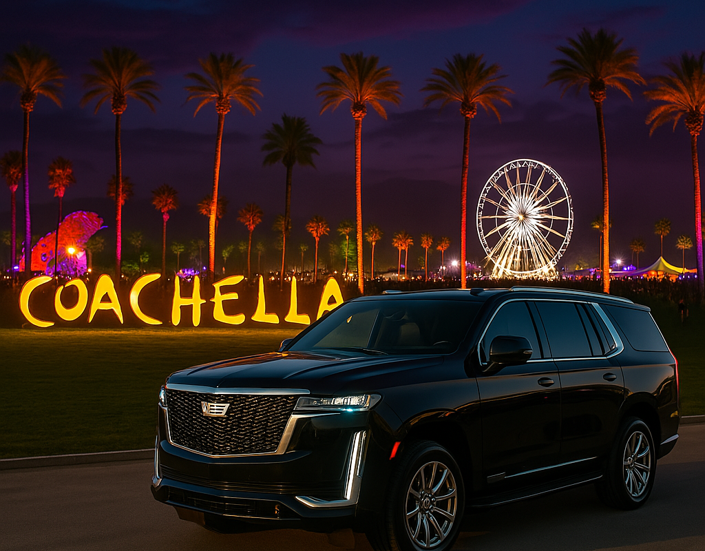 Lux4Rides Black Cadillac Escalade at Coachella 2025 Black Cadillac Escalade at Coachella 2025 with festival lights and palm trees in the background